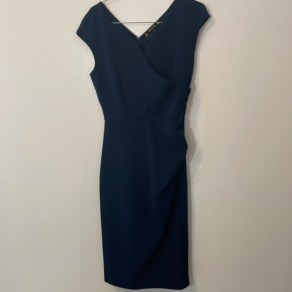 Musol small navy blue dress zipper back front button v neck 95% polyester 5% spx